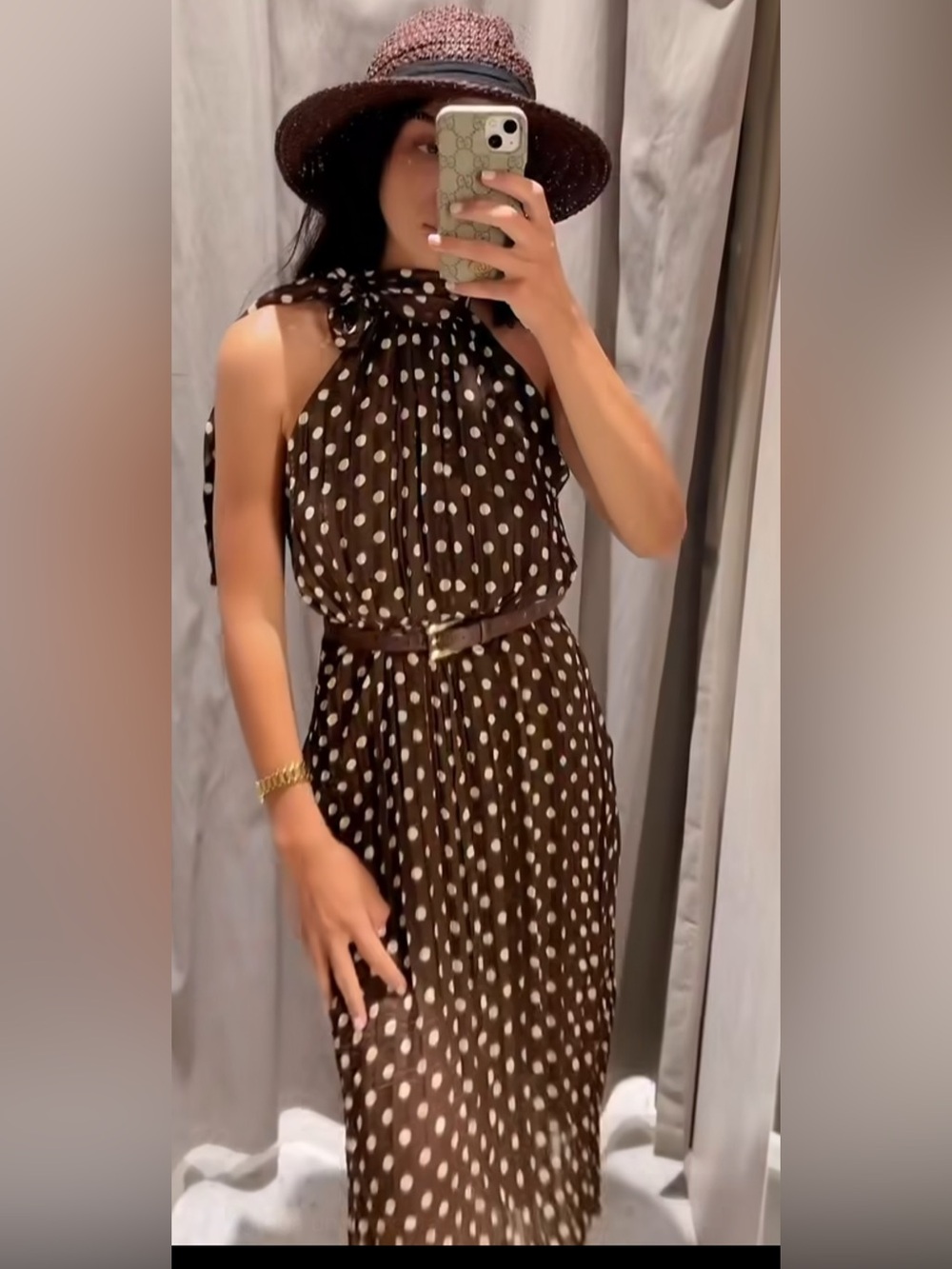 Zara Brown Maxi Dress with Gold Polka Dots